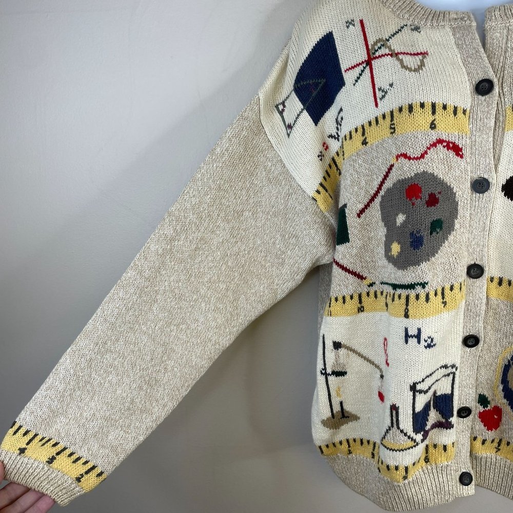 Woolrich Womens TEACHER Cardigan Sweater Sz M MATH SCIENCE Music Sports Vintage - Picture 3 of 13